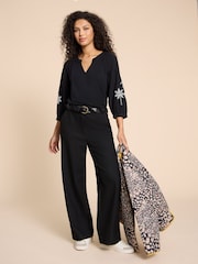 White Stuff Black Mix Embroidered Millie 100% Cotton Top - Image 3 of 7