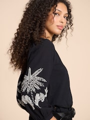 White Stuff Black Mix Embroidered Millie 100% Cotton Top - Image 4 of 7