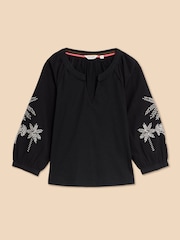 White Stuff Black Mix Embroidered Millie 100% Cotton Top - Image 5 of 7