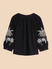 White Stuff Black Mix Embroidered Millie 100% Cotton Top - Image 6 of 7