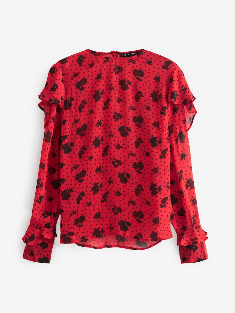 Preen Rot/Schwarz mit Blumen-Punktmuster - Langärmelige Bluse mit Rüschen - Bild 1 von 6