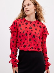 Preen Rot/Schwarz mit Blumen-Punktmuster - Langärmelige Bluse mit Rüschen - Bild 4 von 6