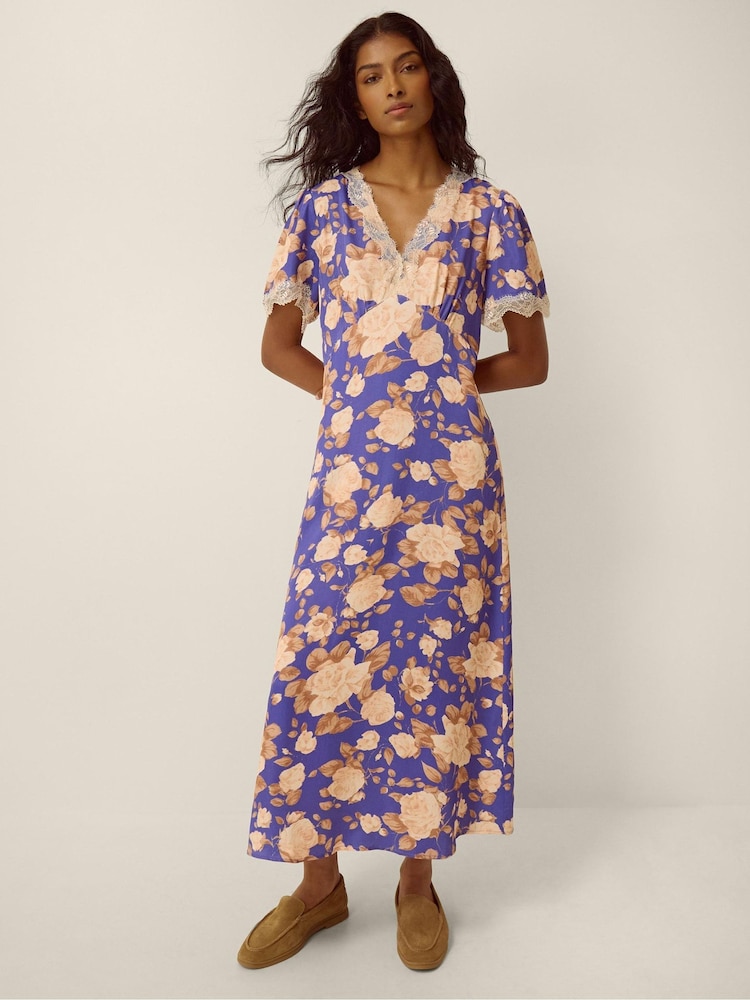 Monsoon Blue Lori Lace Floral Satin Midi Dress - Image 1 of 3 Monsoon Blue Lori Lace Floral Satin Midi Dress - Image 1 of 3