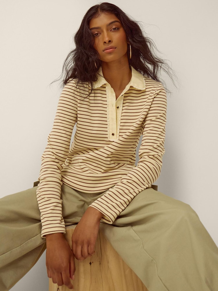 Monsoon Cream Stacy Stripe Jersey Polo Top - Image 1 of 3
