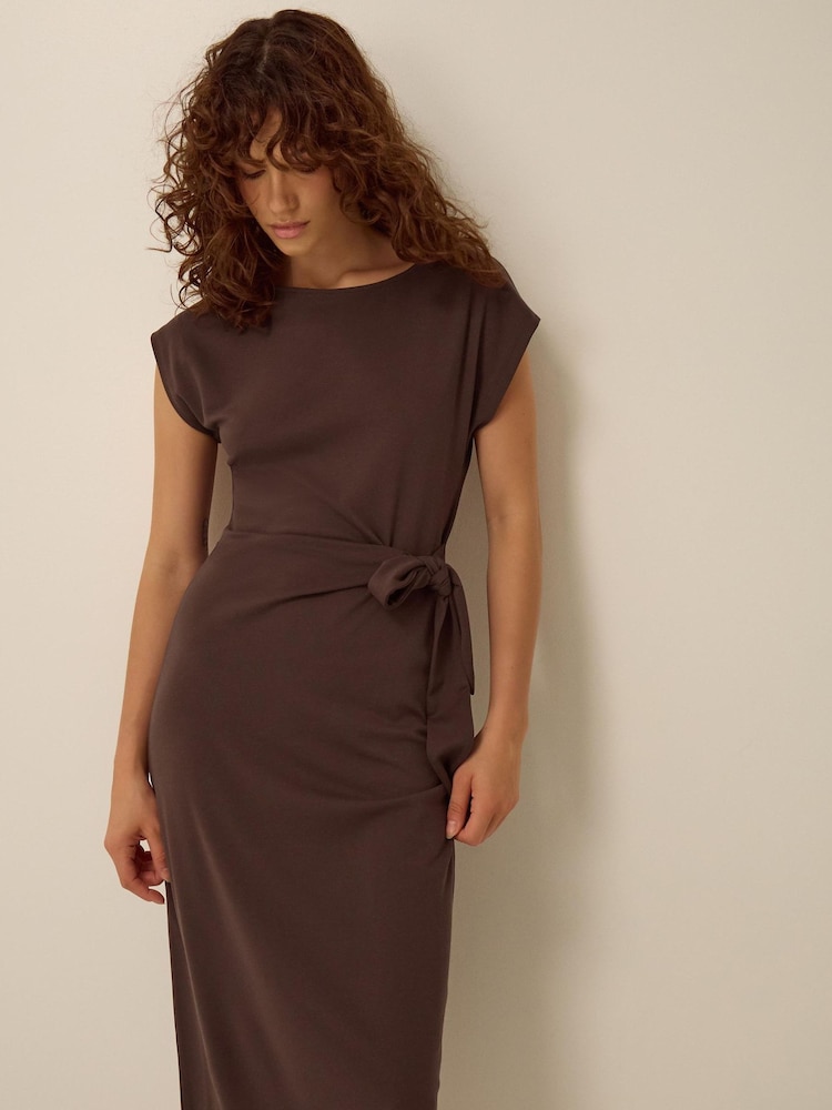Monsoon Brown Tiff Tie Side Jersey Midi Dress - Image 1 of 4 Monsoon Brown Tiff Tie Side Jersey Midi Dress - Image 1 of 4