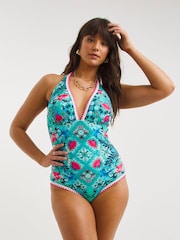 Figleaves Blue Floral Print Frida Halter Longer Length Swimsuit - Image 1 of 5
