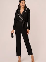 Adrianna Papell Crystal Trim Tuxedo Black Jumpsuit - Image 3 of 7