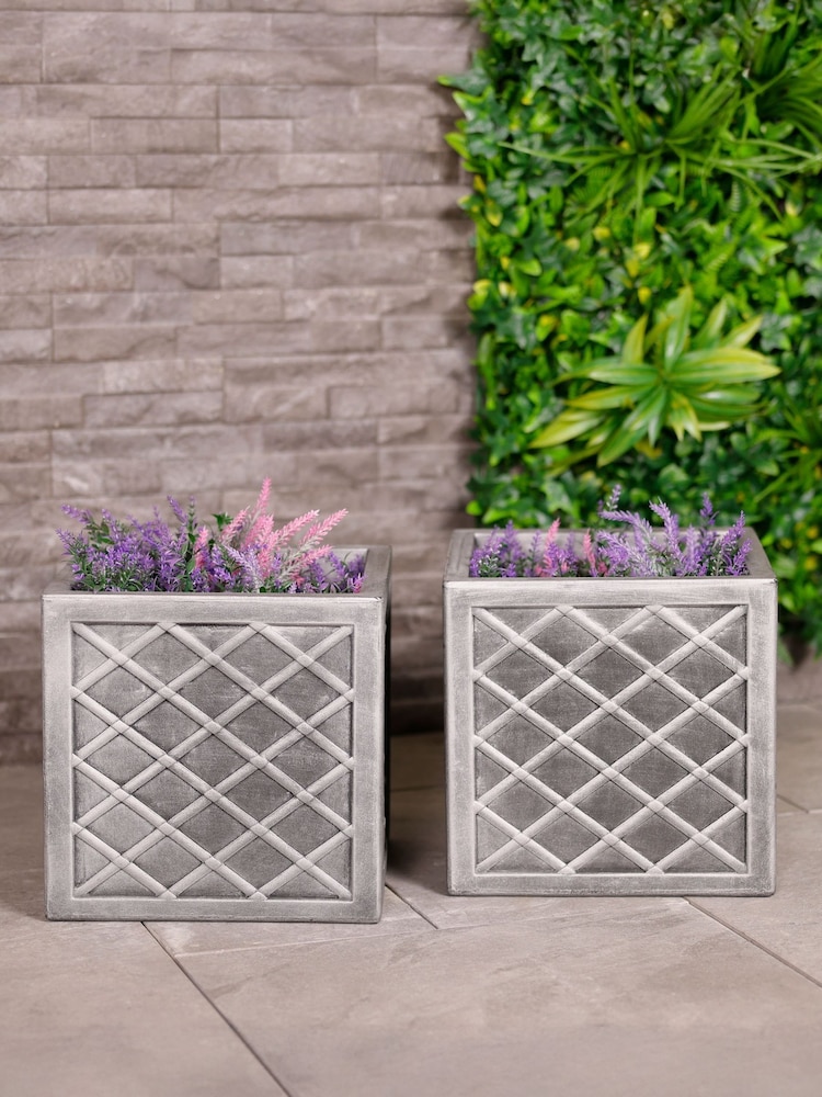 Charles Bentley Pair of Lazio Square Pewter Garden Planters - Image 1 of 5