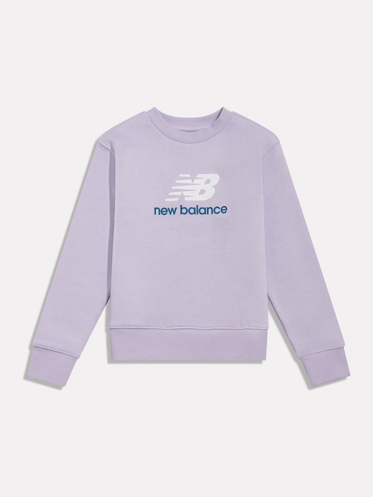 New Balance Purple Girls Brush Back Stacked Logo Crew Neck Sweat Top - Image 1 of 3