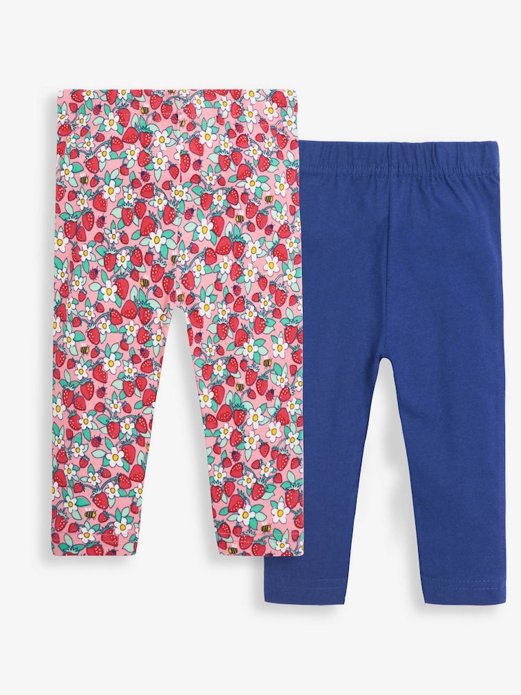 JoJo Maman Bébé Pink 2-Pack Girls' Pretty Strawberry Print & Blue Cropped Leggings - Image 1 of 5
