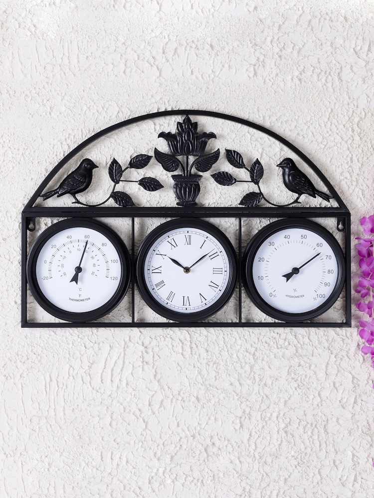 Charles Bentley Black Outdoor Garden Wall Clock with Thermometer Hygrometer - Image 1 of 6