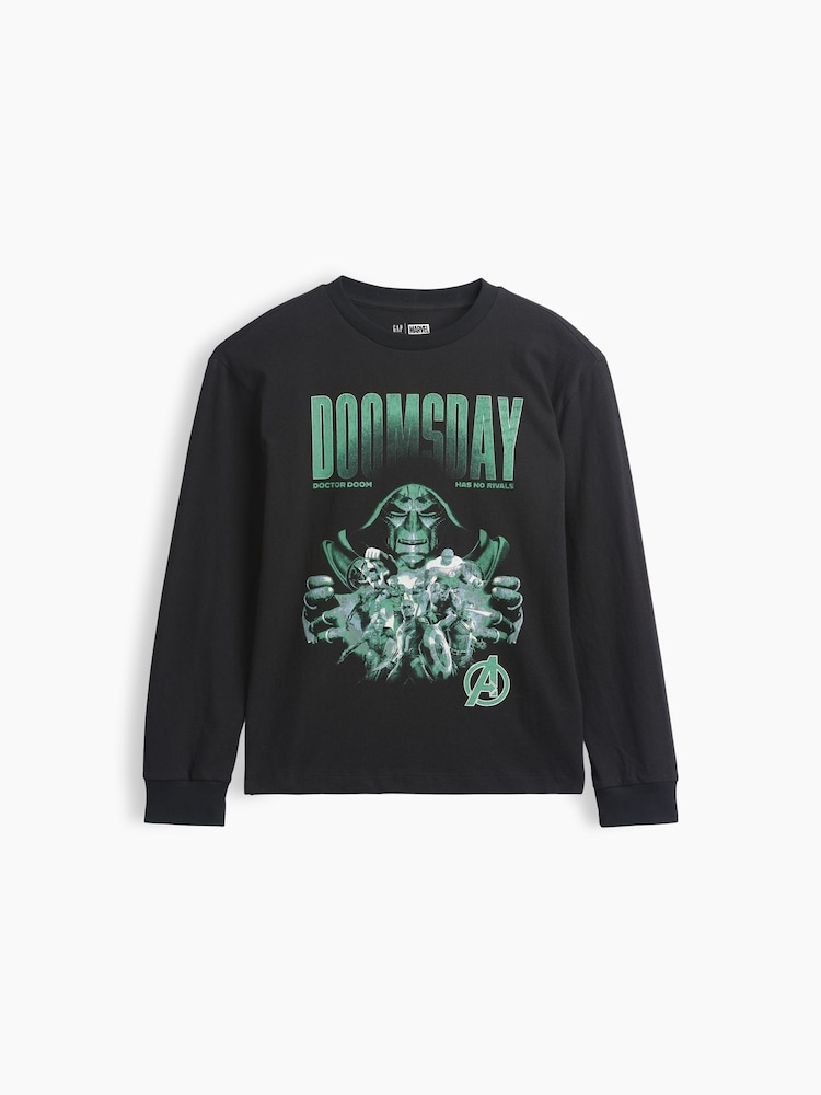 Gap Black Dr Doom Marvel Relaxed Graphic Long Sleeve T-Shirt (4-13yrs) - Image 1 of 3 Gap Black Dr Doom Marvel Relaxed Graphic Long Sleeve T-Shirt (4-13yrs) - Image 1 of 3