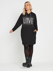 Yours Curve Black Diamante Embellished 'Love' Hoodie Dress - Image 1 of 6