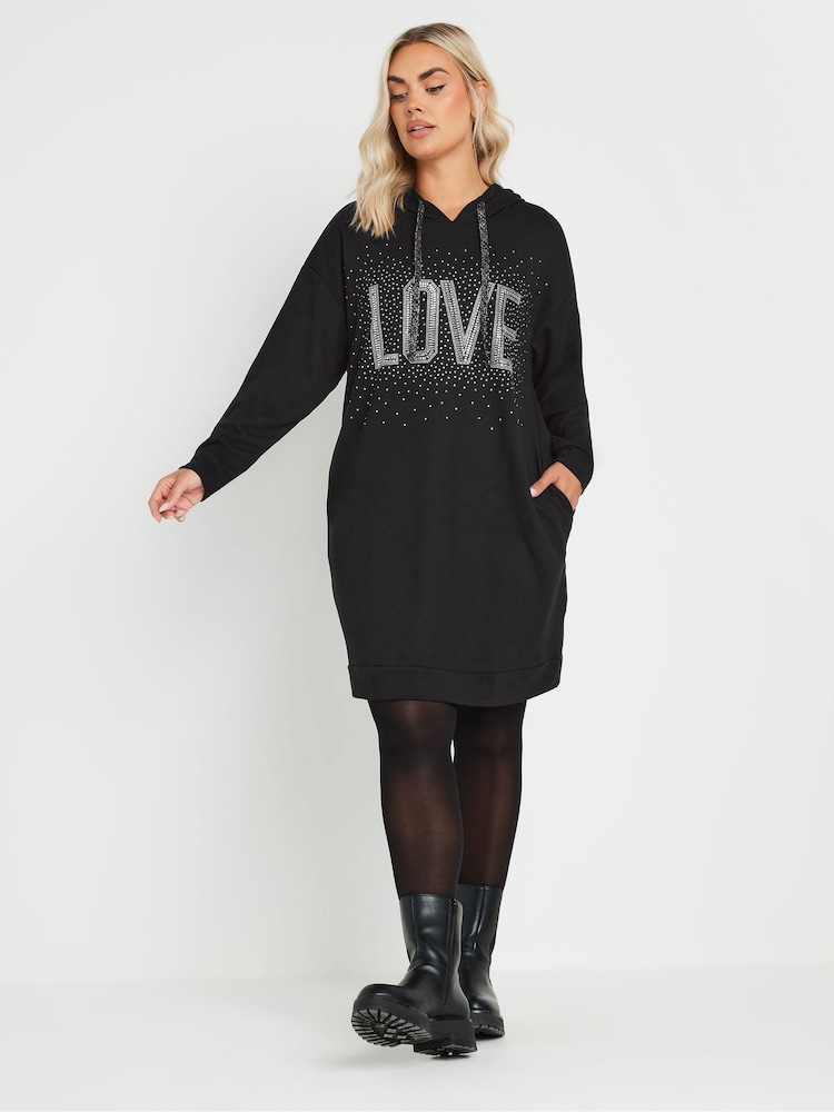 Yours Curve Black Diamante Embellished 'Love' Hoodie Dress - Image 1 of 6