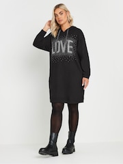 Yours Curve Black Diamante Embellished 'Love' Hoodie Dress - Image 2 of 6