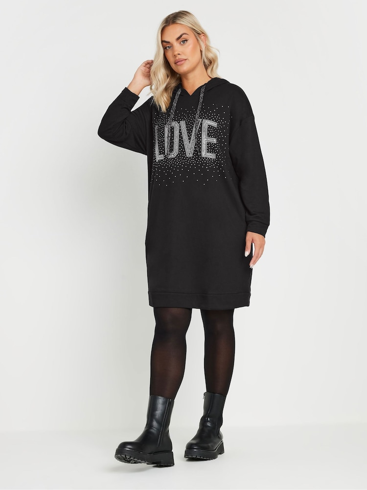 Yours Curve Black Diamante Embellished 'Love' Hoodie Dress - Image 2 of 6