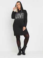Yours Curve Black Diamante Embellished 'Love' Hoodie Dress - Image 4 of 6