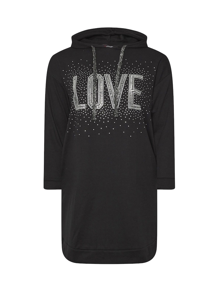 Yours Curve Black Diamante Embellished 'Love' Hoodie Dress - Image 6 of 6