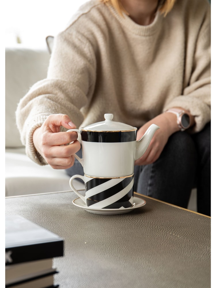 Mikasa White Luxe Deco China Stacking Teapot and Cup for One - Image 1 of 6