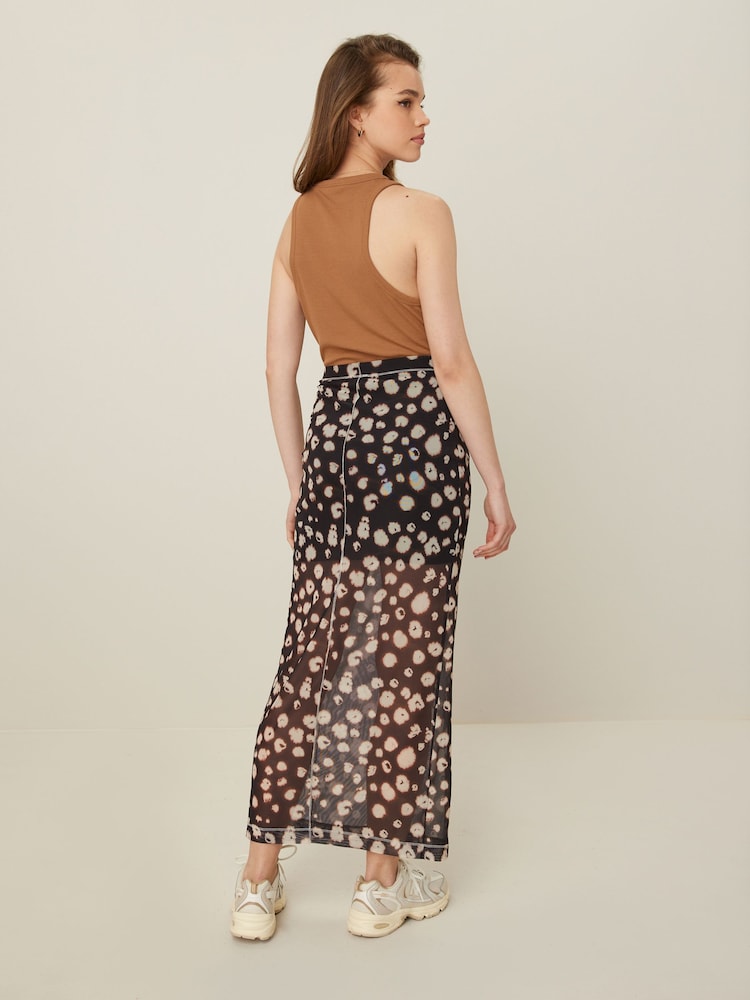 Black Animal Print Mesh Midi Skirt - Image 3 of 6