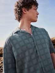 Blue Textured Short Sleeve Shirt with Cuban Collar - Image 1 of 9