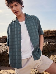 Blue Textured Short Sleeve Shirt with Cuban Collar - Image 4 of 9