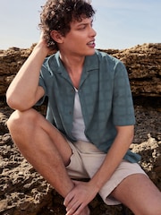 Blue Textured Short Sleeve Shirt with Cuban Collar - Image 5 of 9