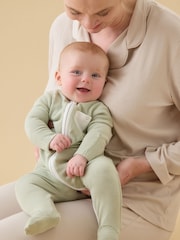 MORI Green Sage Stripe Supersoft Two Way Zip-Up Sleepsuit - Image 1 of 6