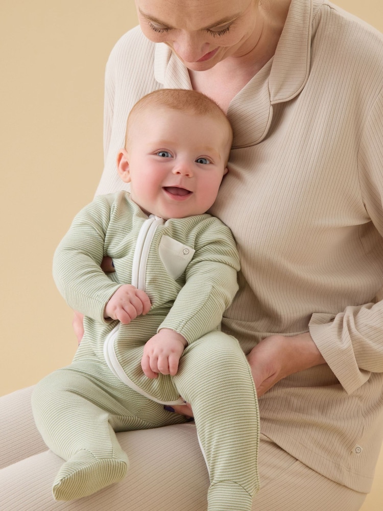 MORI Green Sage Stripe Supersoft Two Way Zip-Up Sleepsuit - Image 1 of 6 MORI Green Sage Stripe Supersoft Two Way Zip-Up Sleepsuit - Image 1 of 6