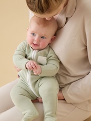 MORI Green Sage Stripe Supersoft Two Way Zip-Up Sleepsuit - Image 2 of 6