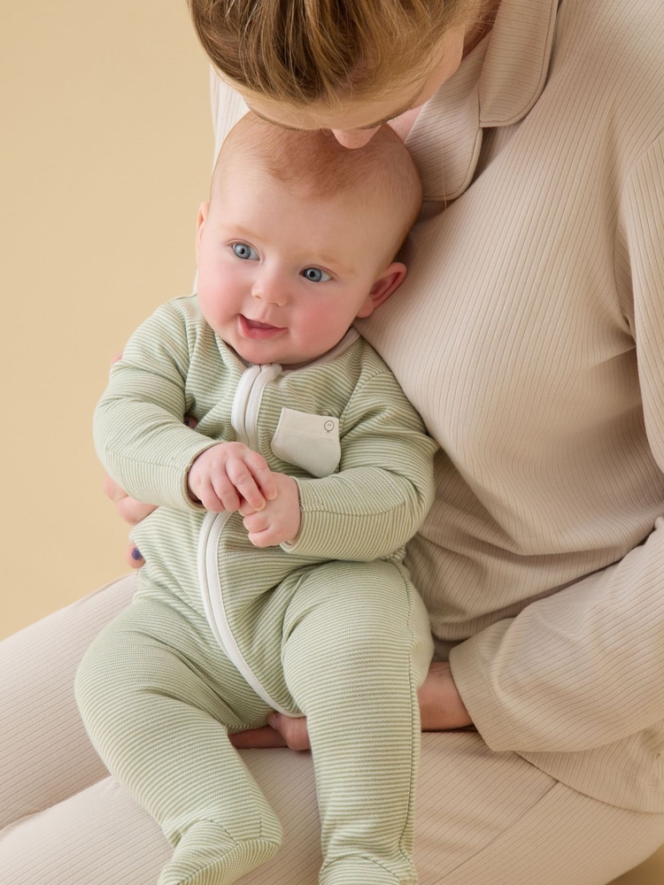 MORI Green Sage Stripe Supersoft Two Way Zip-Up Sleepsuit - Image 2 of 6 MORI Green Sage Stripe Supersoft Two Way Zip-Up Sleepsuit - Image 2 of 6