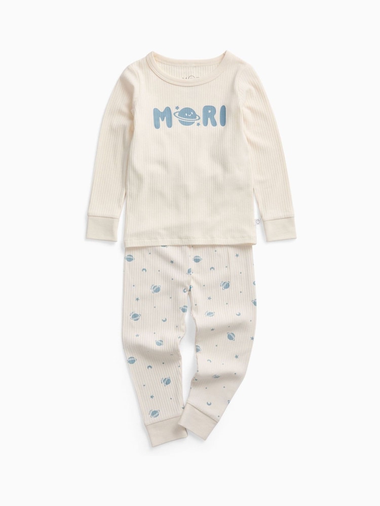 MORI Cream Space Placement Print Supersoft Ribbed Pyjamas Set - Image 2 of 3 MORI Cream Space Placement Print Supersoft Ribbed Pyjamas Set - Image 2 of 3