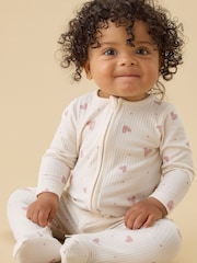 MORI Cream Hearts Print Supersoft Ribbed Two Way Zip-Up Sleepsuit - Image 2 of 7