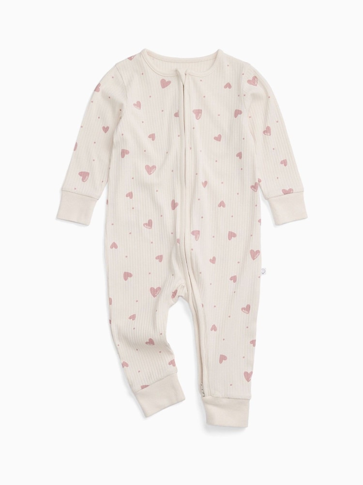 MORI Cream Hearts Print Supersoft Ribbed Two Way Zip-Up Sleepsuit - Image 2 of 7 MORI Cream Hearts Print Supersoft Ribbed Two Way Zip-Up Sleepsuit - Image 2 of 7