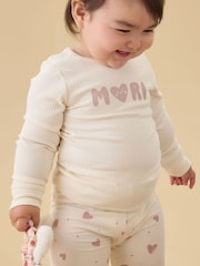 MORI Cream Hearts Placement Print Supersoft Ribbed Pyjamas Set - Image 2 of 4