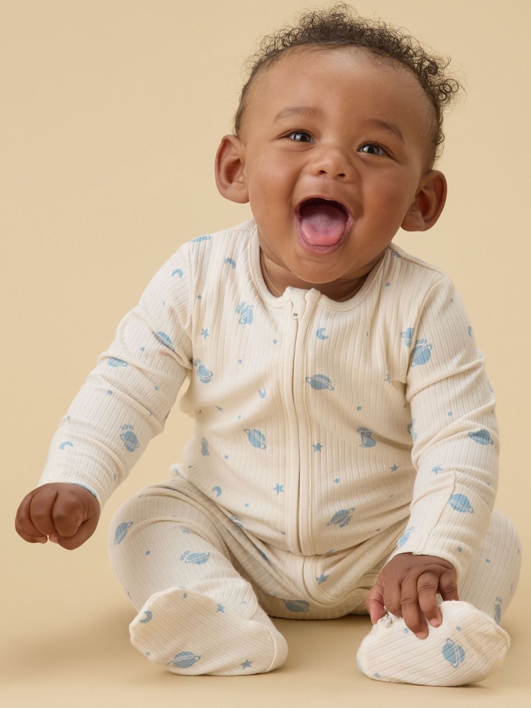 MORI Cream Space Print Supersoft Ribbed Two Way Zip-Up Sleepsuit - Image 2 of 5 MORI Cream Space Print Supersoft Ribbed Two Way Zip-Up Sleepsuit - Image 2 of 5