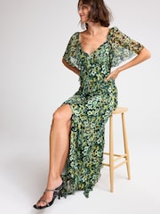 Green Floral Print Square Neck Ruffle Midi Dress - Image 1 of 6