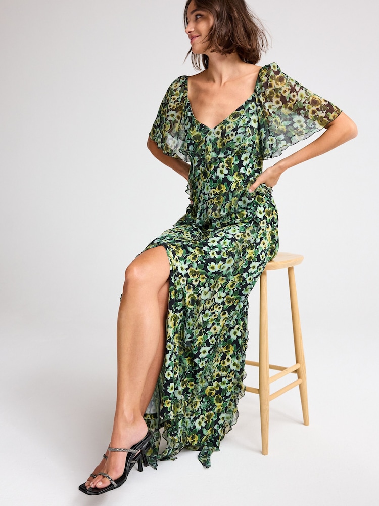 Green Floral Print Square Neck Ruffle Midi Dress - Image 1 of 6