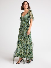 Green Floral Print Square Neck Ruffle Midi Dress - Image 2 of 6