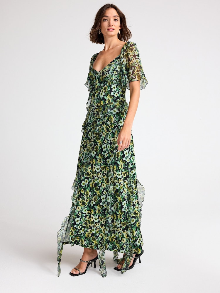 Green Floral Print Square Neck Ruffle Midi Dress - Image 2 of 6 Green Floral Print Square Neck Ruffle Midi Dress - Image 2 of 6