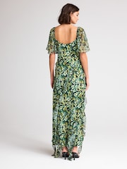 Green Floral Print Square Neck Ruffle Midi Dress - Image 3 of 6
