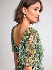 Green Floral Print Square Neck Ruffle Midi Dress - Image 4 of 6
