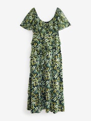 Green Floral Print Square Neck Ruffle Midi Dress - Image 5 of 6