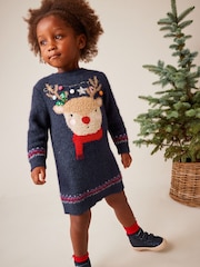 Navy Blue Reindeer Jumper Dress (3mths-7yrs) - Image 1 of 7