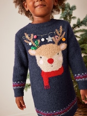 Navy Blue Reindeer Jumper Dress (3mths-7yrs) - Image 2 of 7