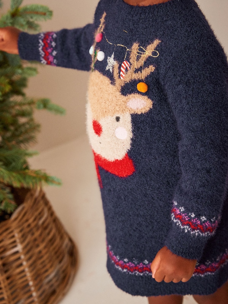 Navy Blue Reindeer Jumper Dress (3mths-7yrs) - Image 4 of 7