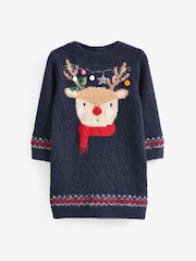 Navy Blue Reindeer Jumper Dress (3mths-7yrs) - Image 5 of 7