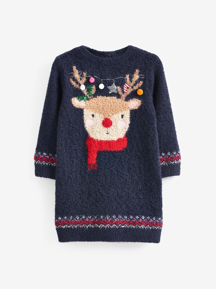 Navy Blue Reindeer Jumper Dress (3mths-7yrs) - Image 5 of 7