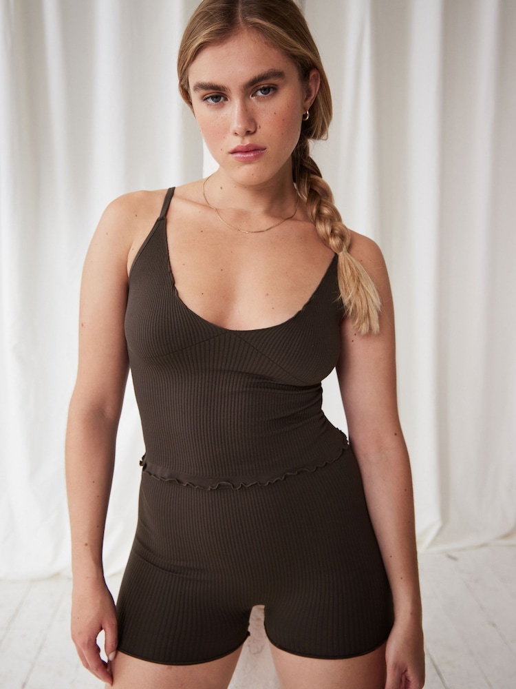 self. Chocolate Brown Ribbed Seamfree Sleep Set - Image 1 of 7