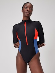 Speedo Red Long Sleeve Zip Colorblock 1 Piece Swimsuit - Image 1 of 7